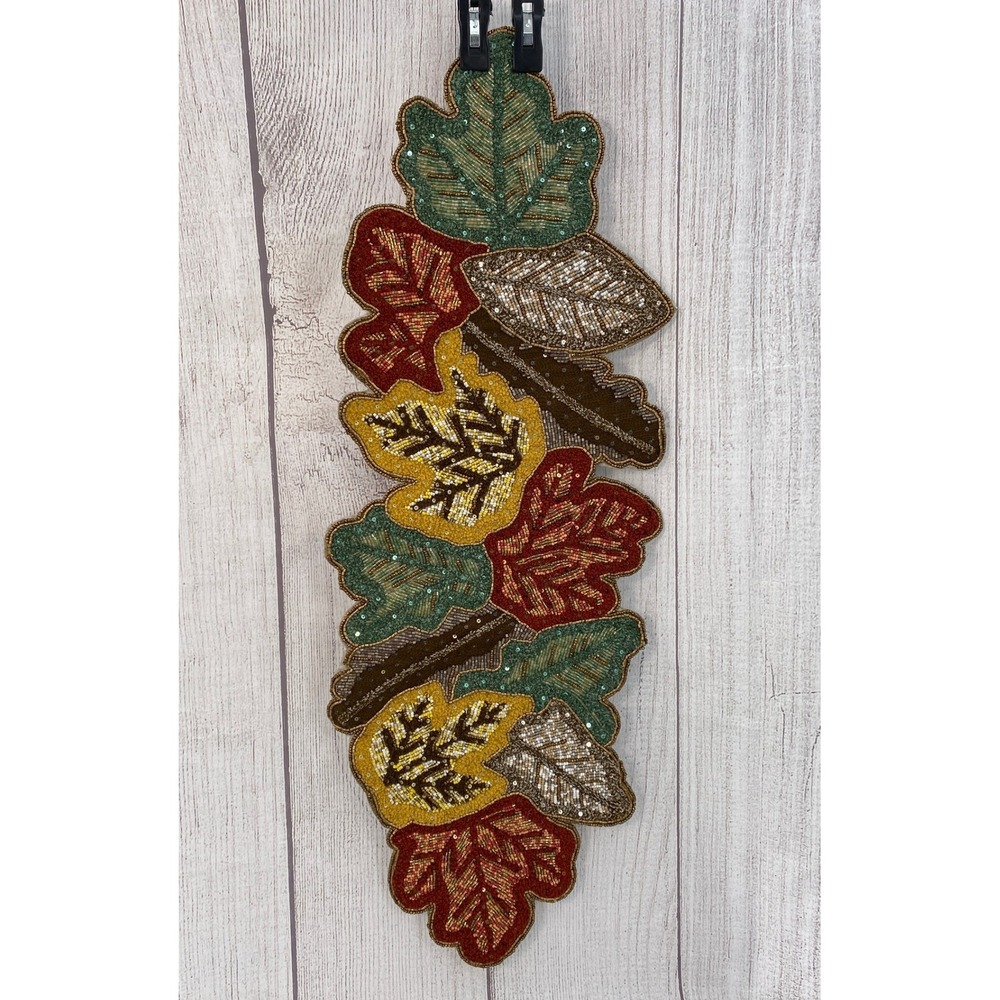 Homewear Beaded Leaf Table Runner Fall Multicolor Autumn Thanksgiving Harvest